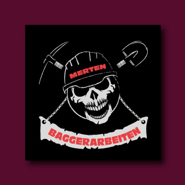 Logo für Mertenbaggerarbeiten: Totenkopf mit Helm, Pickel und Schaufel