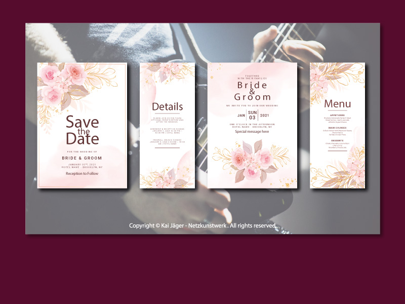 Beispiele für Eventdesign: einheitliches Design für Save the Date Karte, Einladungskarte, Ablaufplan und Menükarte. Lizensiert bei AdobeStock